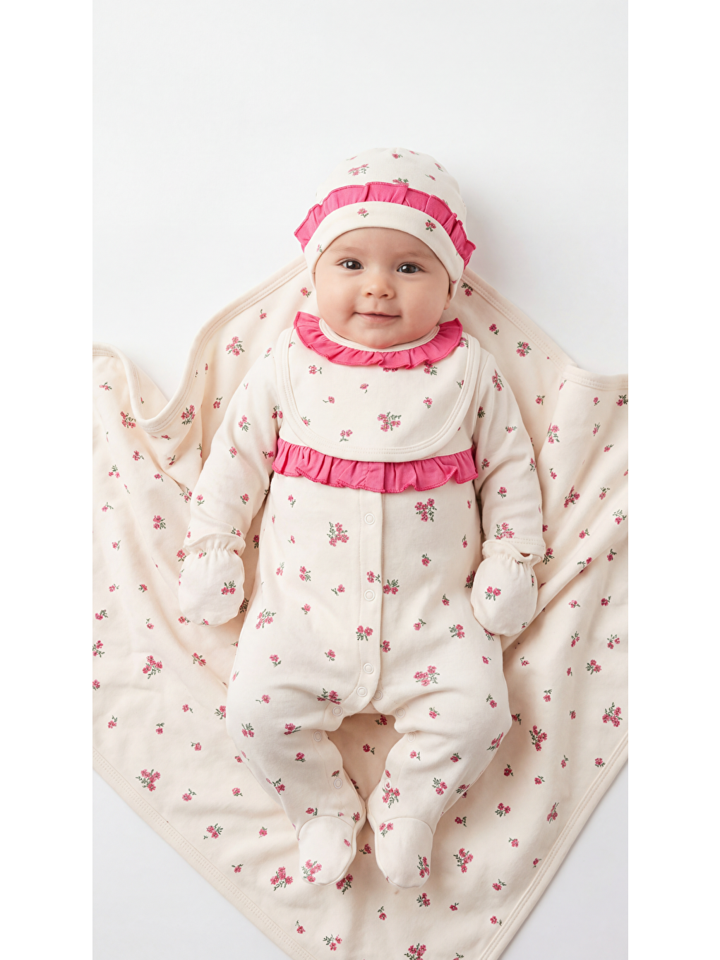 Pembe Çiçek Desenli Bataniyeli 5'Li Kız Bebek Yenidoğan Takımı-1