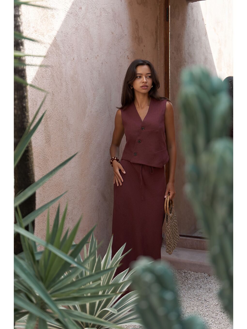 Elod Düğme Detay Bordo Keten Yelek