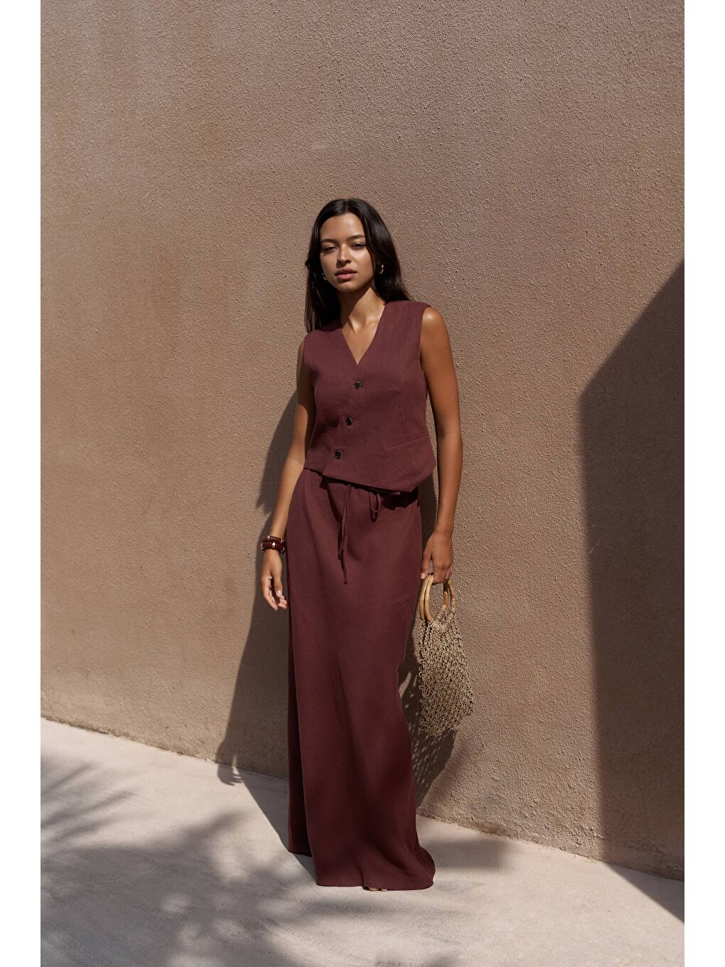 Elod Düğme Detay Bordo Keten Yelek-1