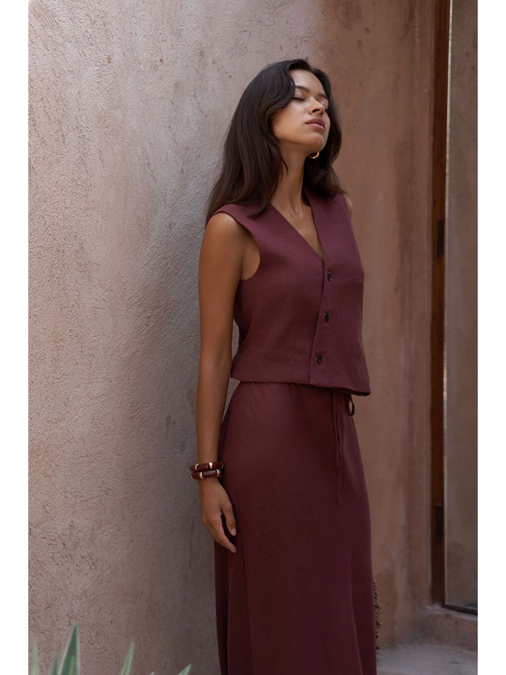 Elod Düğme Detay Bordo Keten Yelek-2