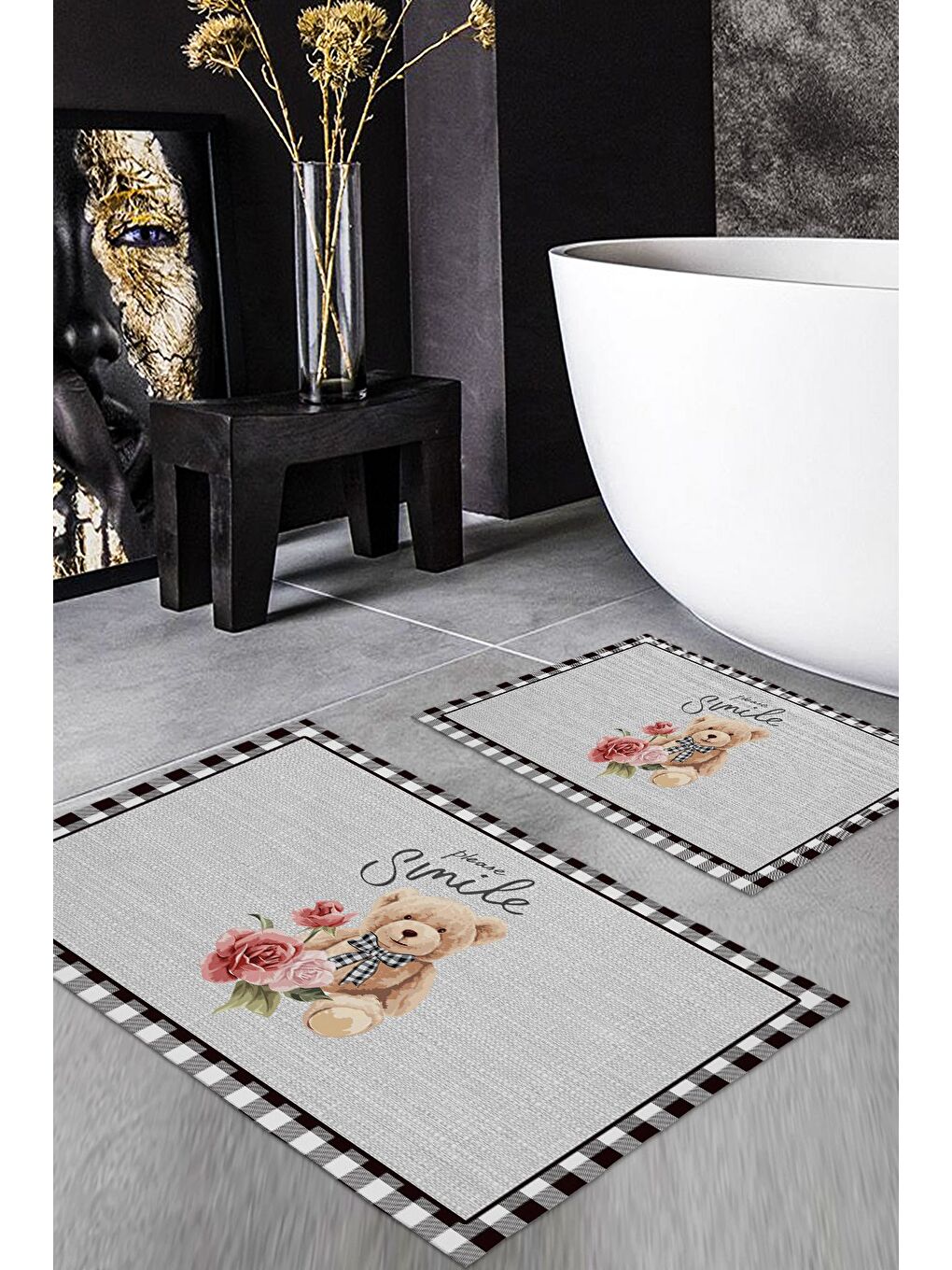 Karışık Teddy Bear Desenli 2 li Kaydırmaz Banyo Paspas Seti-1