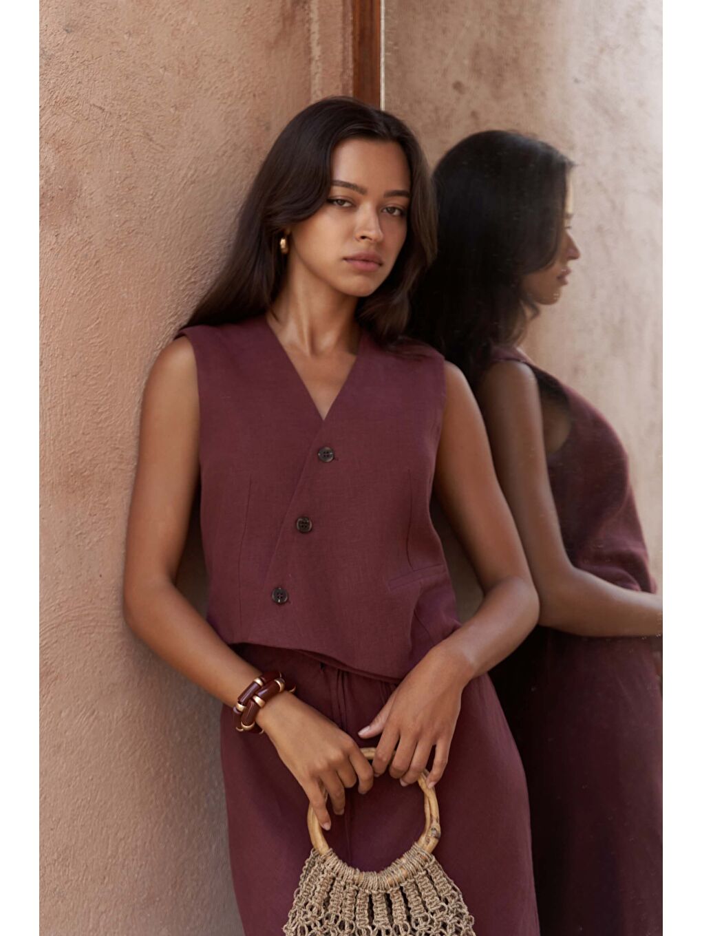 Elod Düğme Detay Bordo Keten Yelek-3