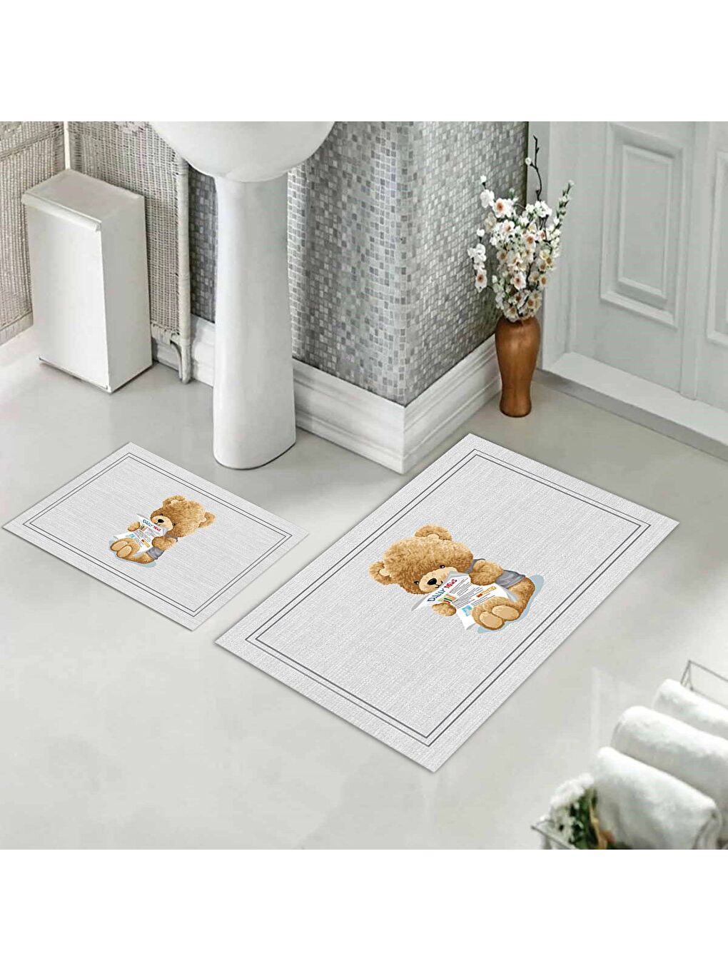 Karışık Teddy Bear Desenli 2 li Kaydırmaz Banyo Paspas Seti
