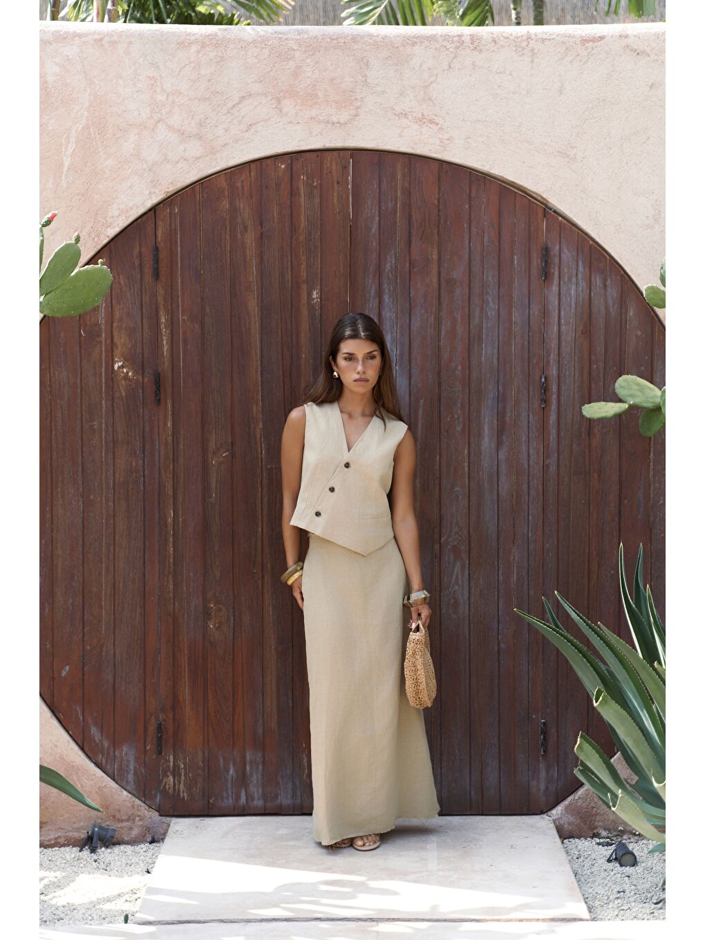 Elod Düğme Detay Haki Keten Yelek-1