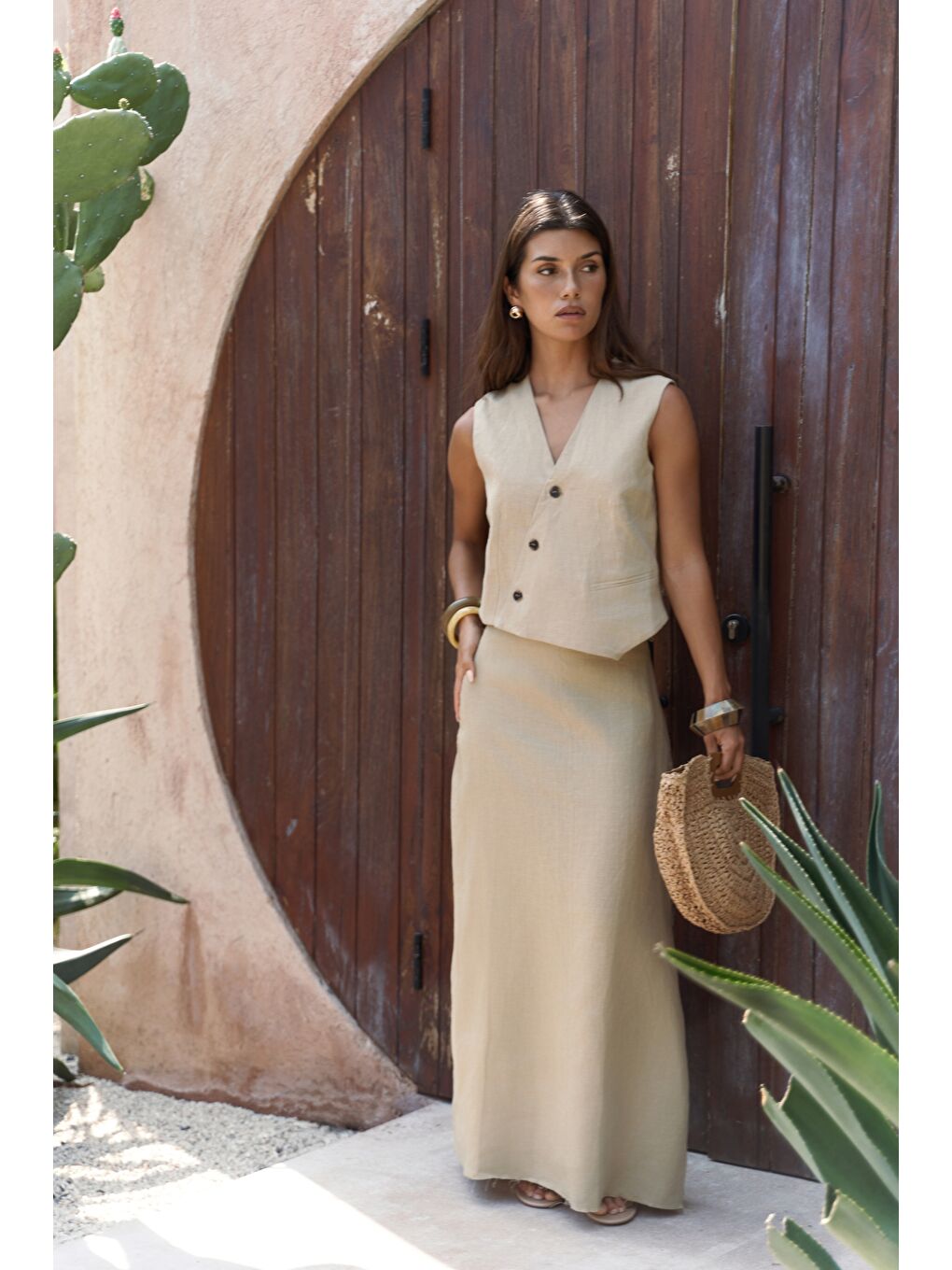 Elod Düğme Detay Haki Keten Yelek-2