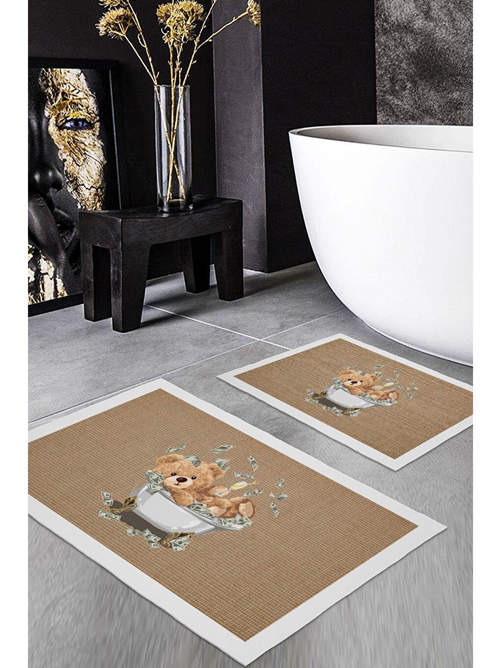 Karışık Teddy Bear Desenli 2 li Kaydırmaz Banyo Paspas Seti-1