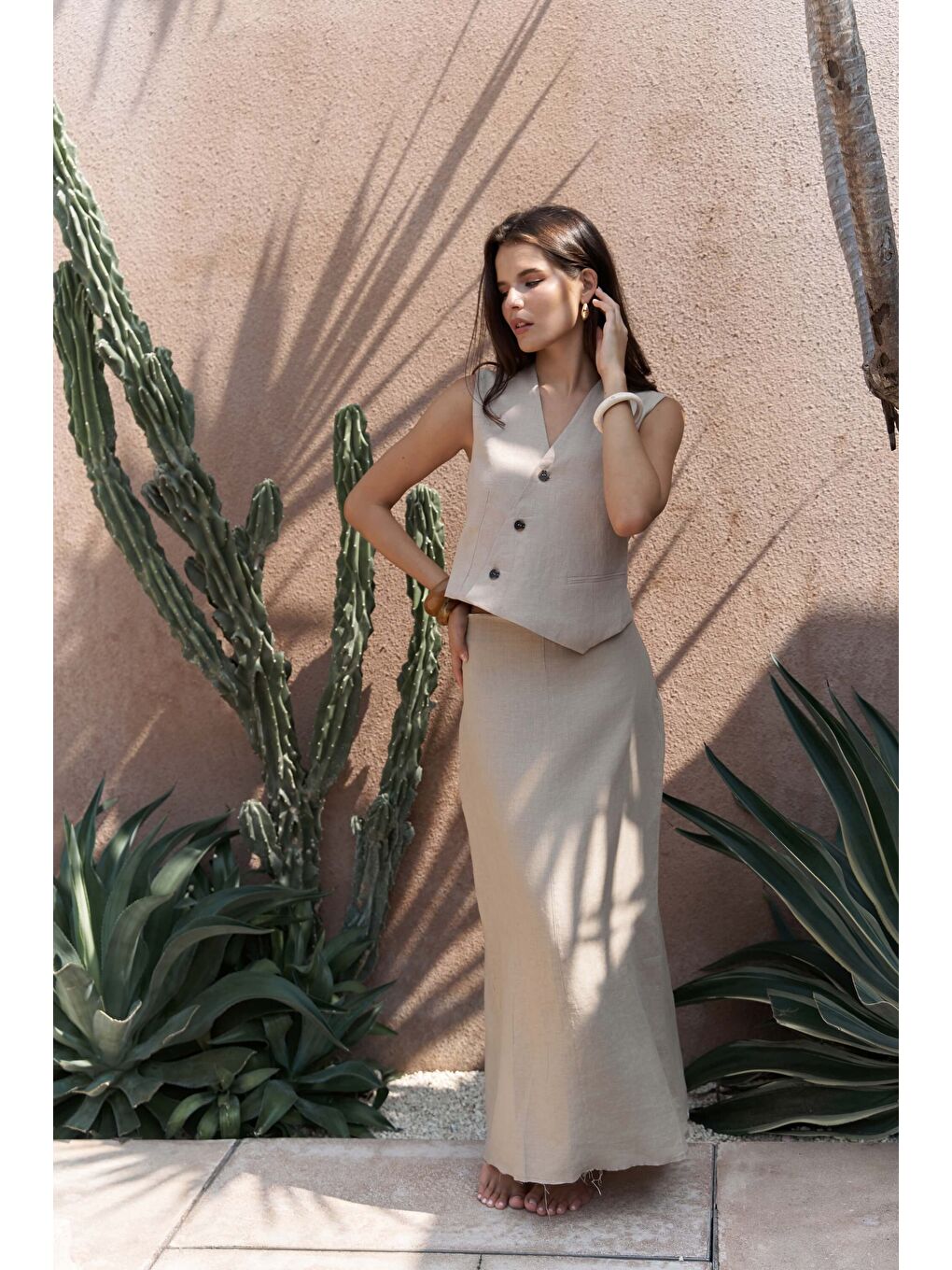 Elod Düğme Detay Bej Keten Yelek-2