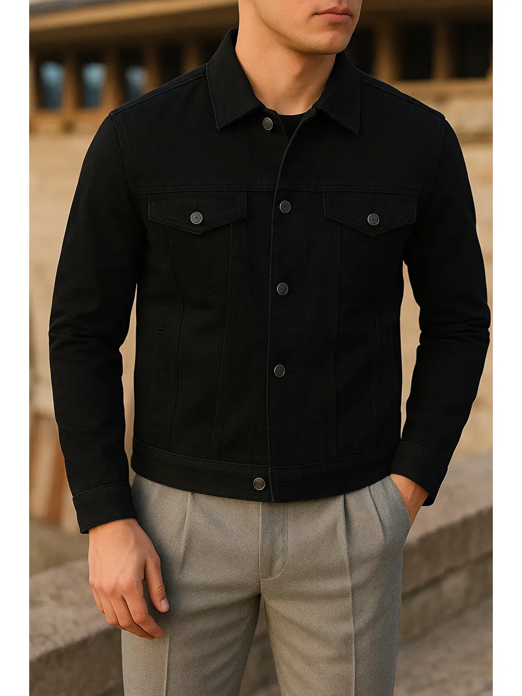 Erkek Mevsimlik Slim Fit Trend Klasik Siyah Jean Ceket-1