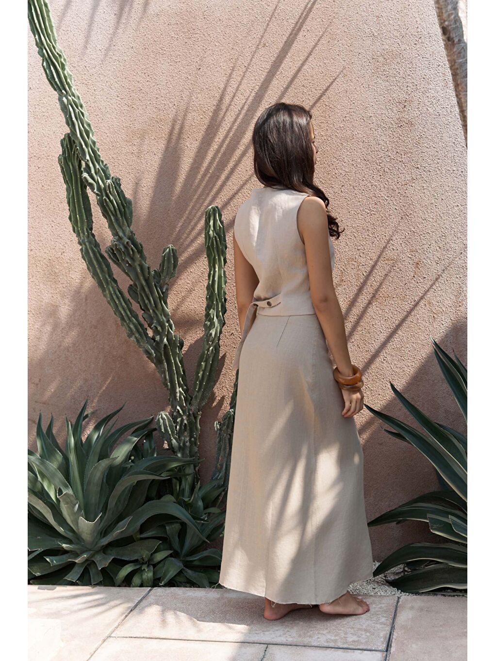 Elod Düğme Detay Bej Keten Yelek-3