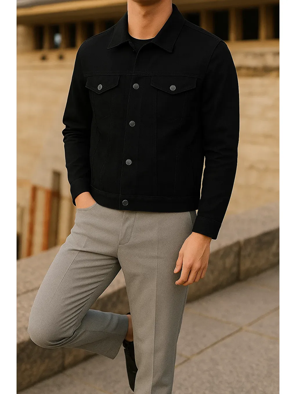 Erkek Mevsimlik Slim Fit Trend Klasik Siyah Jean Ceket-2