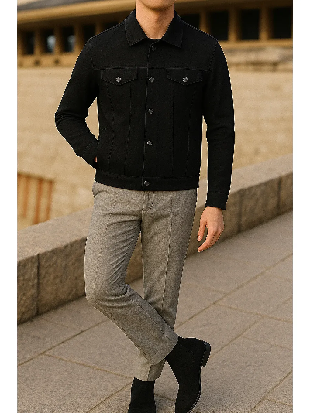 Erkek Mevsimlik Slim Fit Trend Klasik Siyah Jean Ceket-3