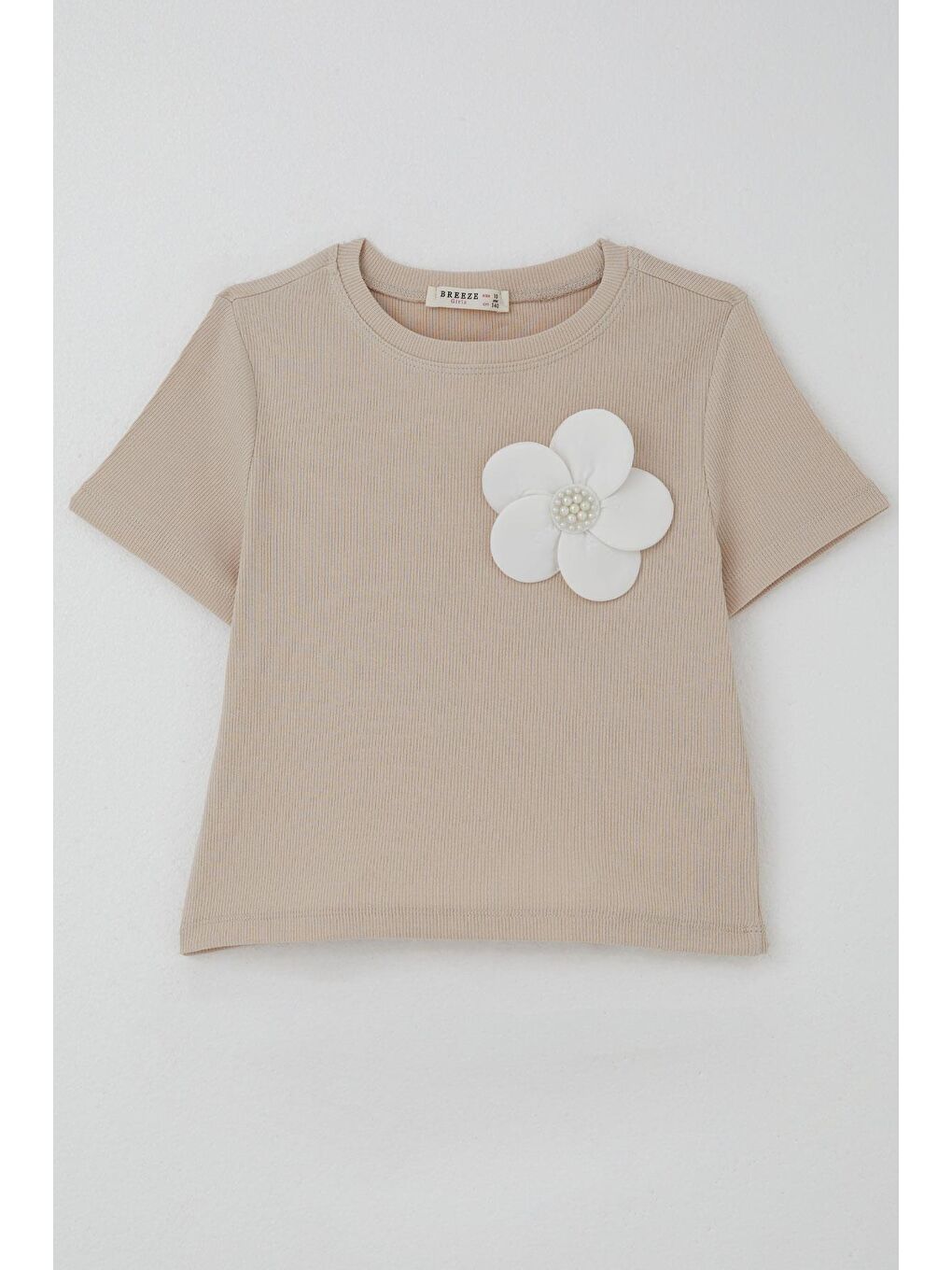 Kız Çocuk Tişört Çiçek Aksesuarlı İnci Detaylı Bej (9-14 Yaş)