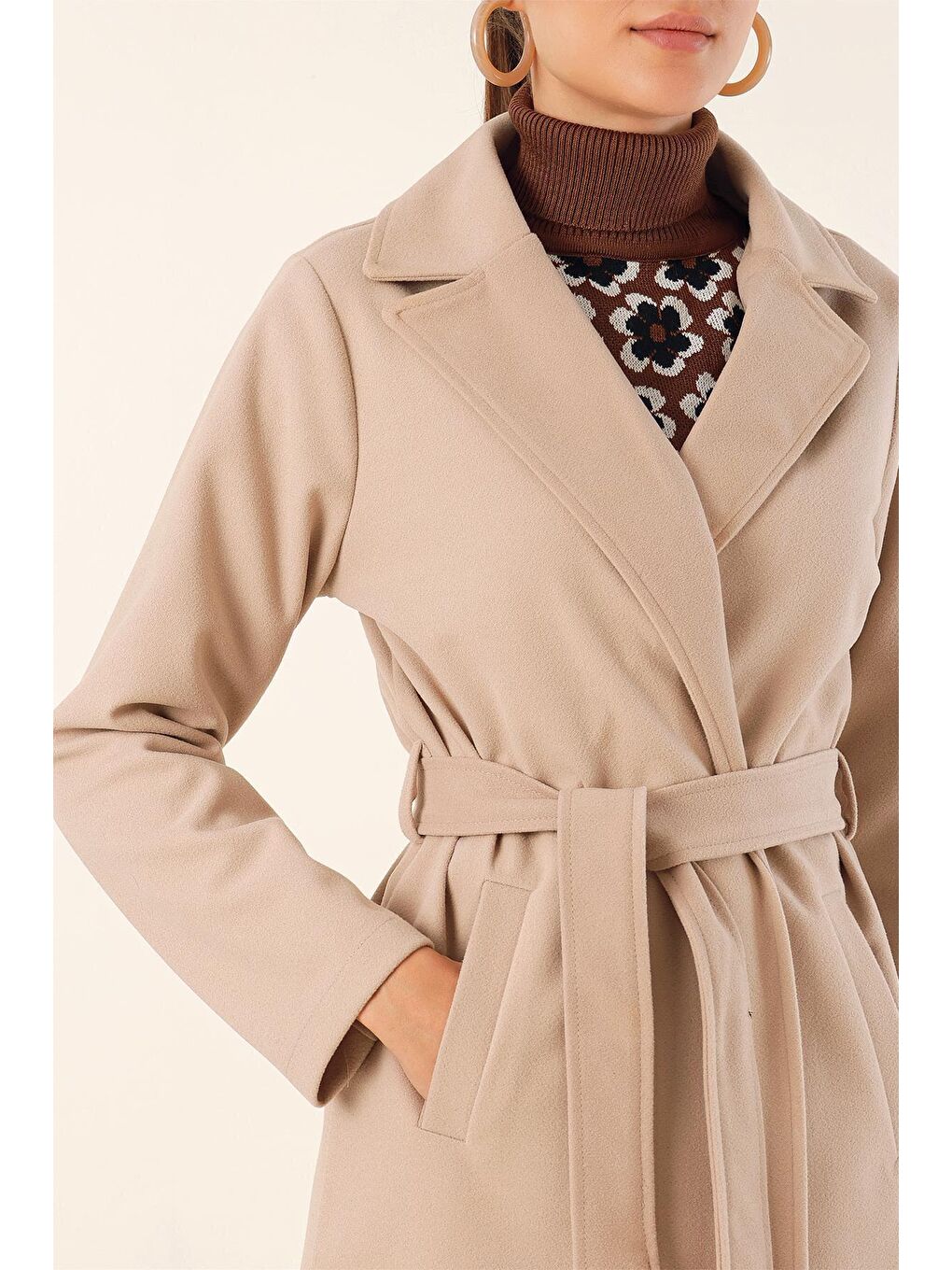 9118 Kruvaze Yaka Kaşe Kaban - Bej-4