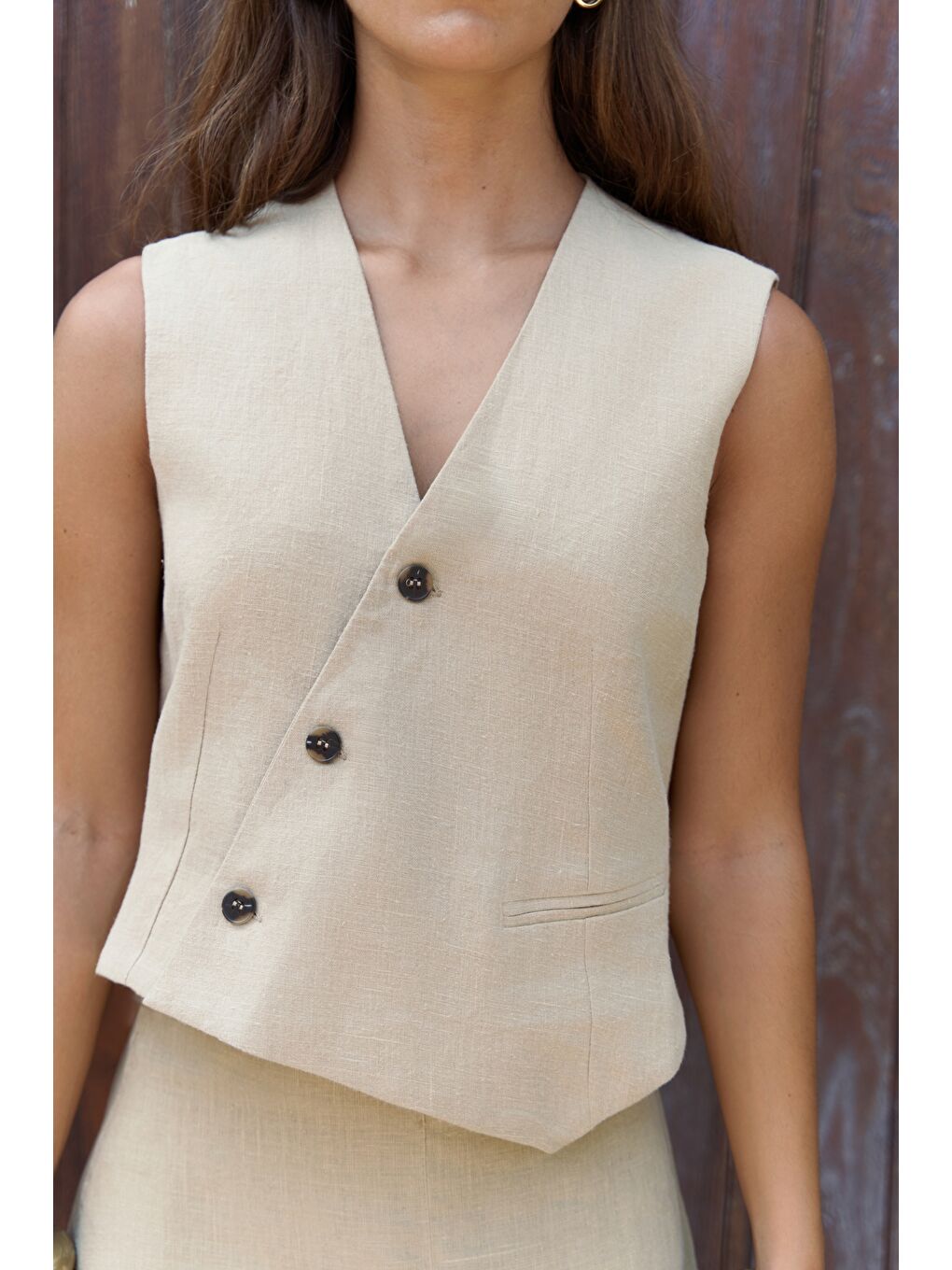 Elod Düğme Detay Haki Keten Yelek-5