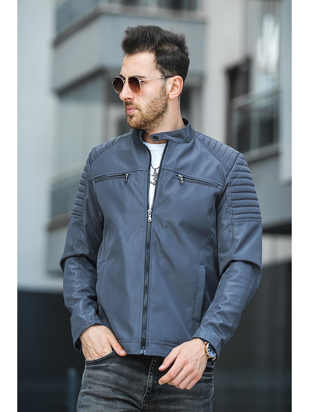 Gri Abuja Slim Fit Fermuar Detaylı Dik Yaka Su İtici Erkek Mevsimlik Mont