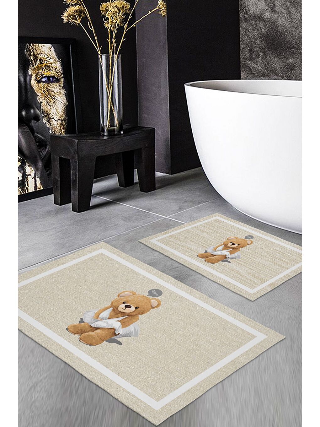 Karışık Teddy Bear Desenli 2 li Kaydırmaz Banyo Paspas Seti-1