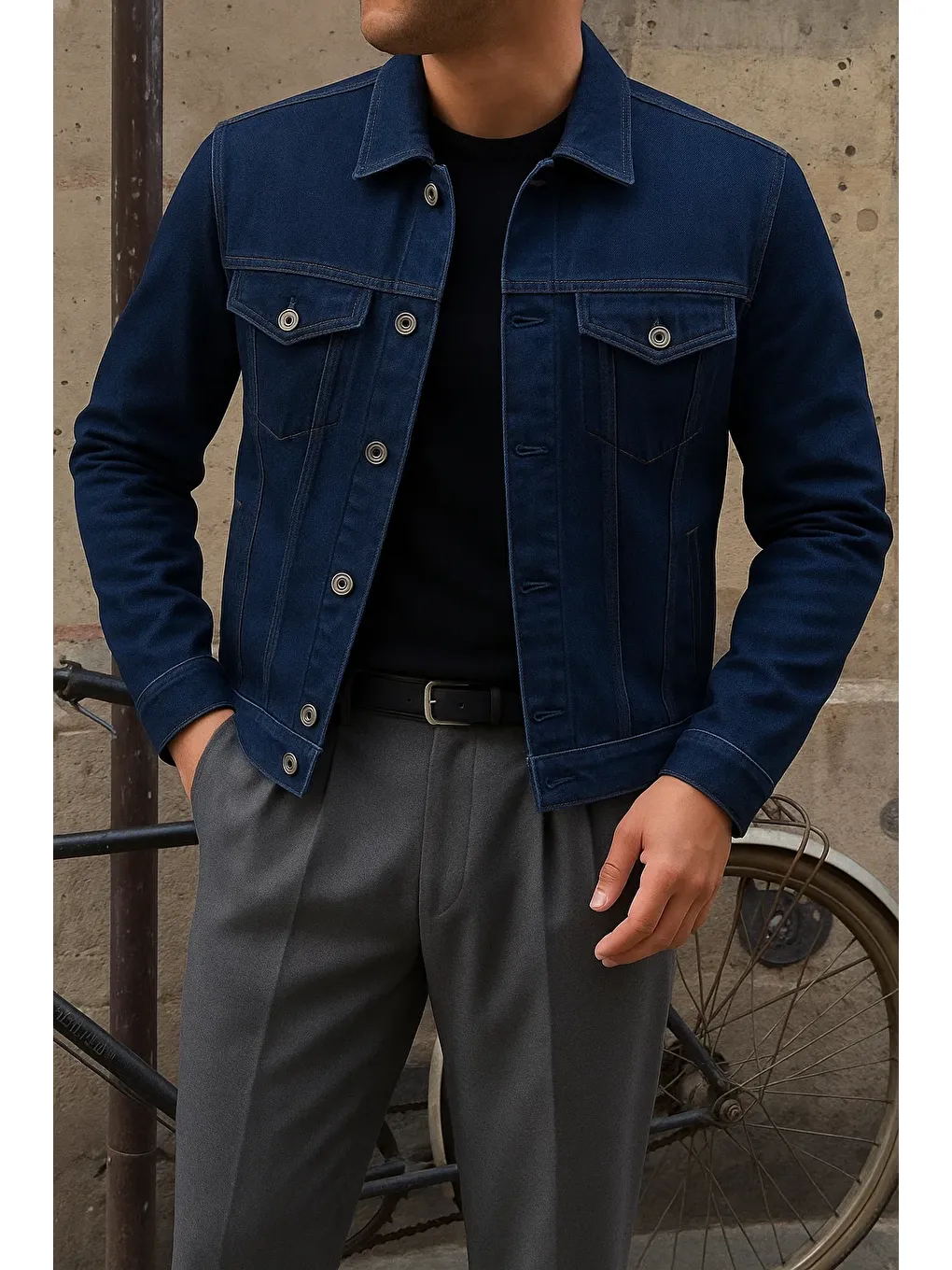 Erkek Trend Comfort Günlük Slim Fit Lacivert Jean Ceket-1