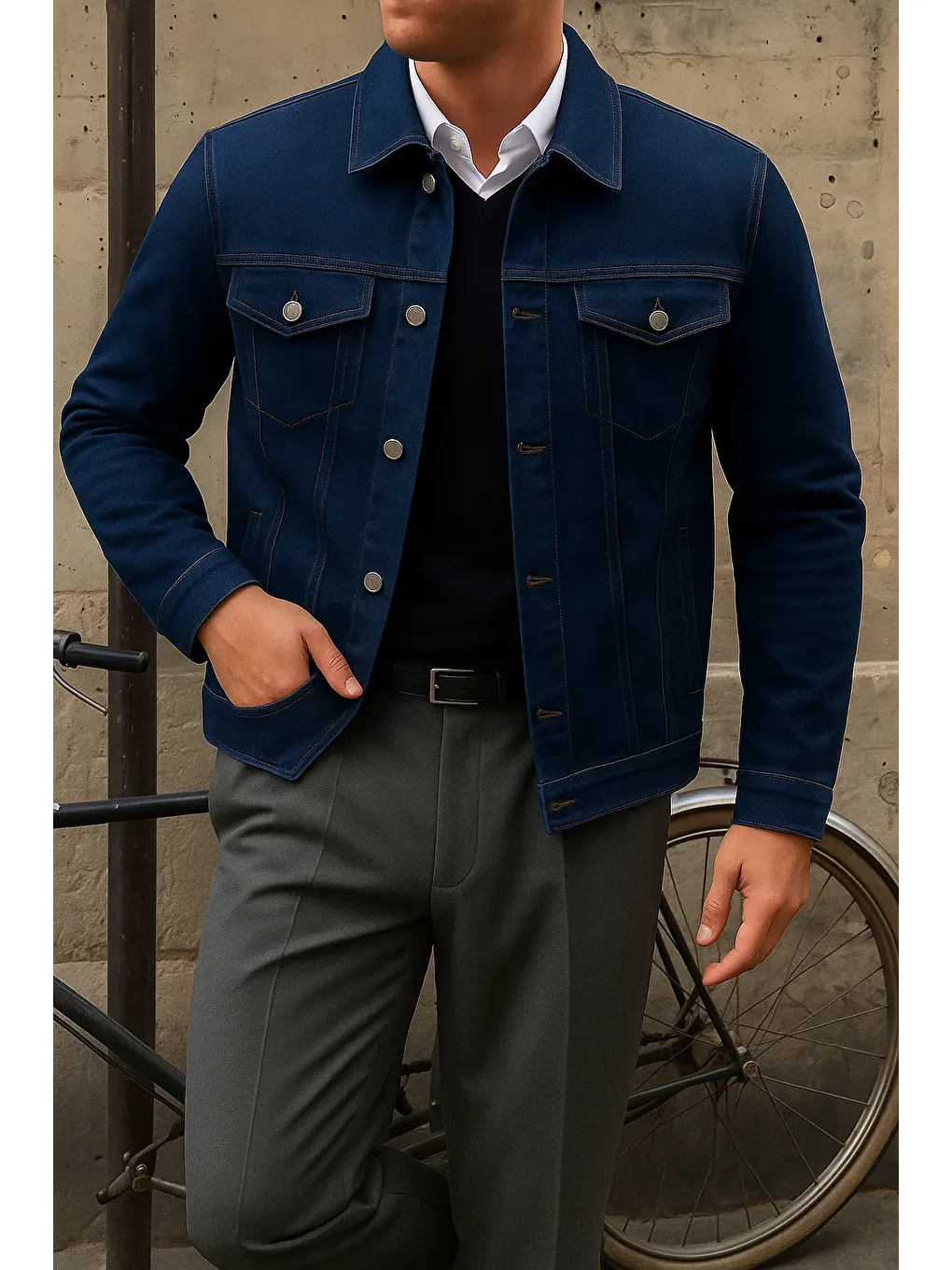 Erkek Trend Comfort Günlük Slim Fit Lacivert Jean Ceket-2