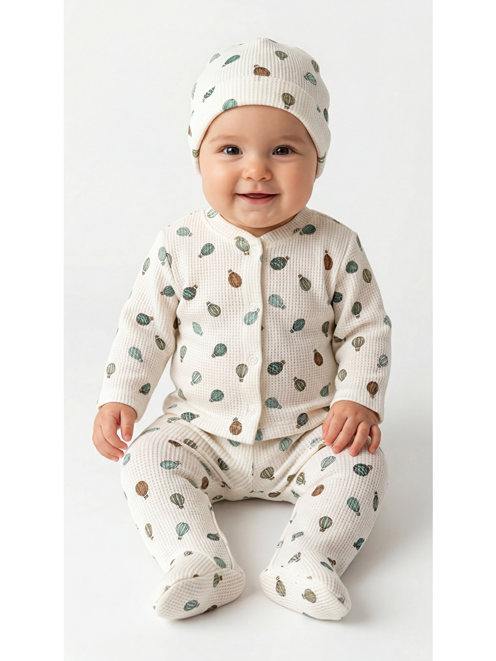 Ekru Balon Desenli 3'Lü Kız Bebek Yenidoğan Takımı-1