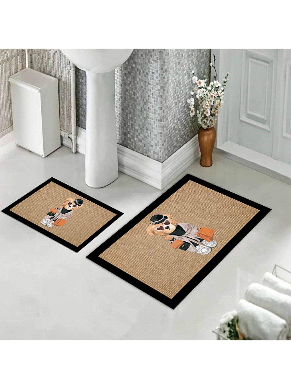 Karışık Teddy Bear Desenli 2 li Kaydırmaz Banyo Paspas Seti