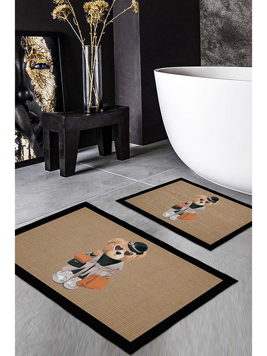 Karışık Teddy Bear Desenli 2 li Kaydırmaz Banyo Paspas Seti-1