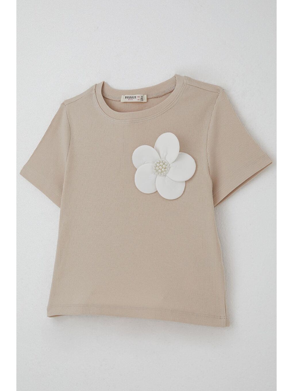 Kız Çocuk Tişört Çiçek Aksesuarlı İnci Detaylı Bej (9-14 Yaş)-2