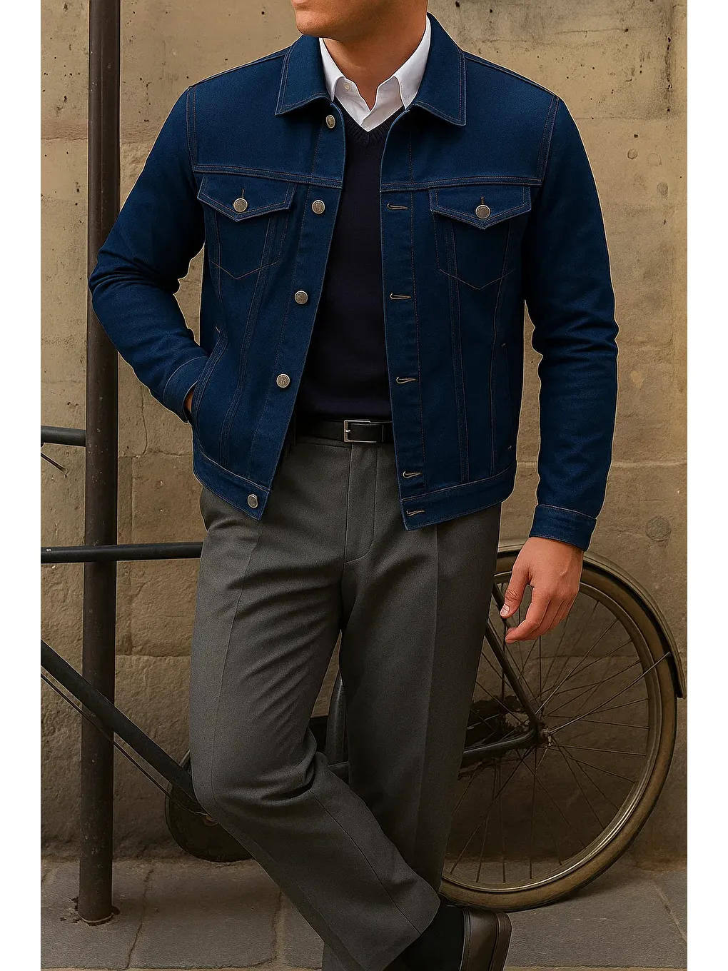 Erkek Trend Comfort Günlük Slim Fit Lacivert Jean Ceket-3