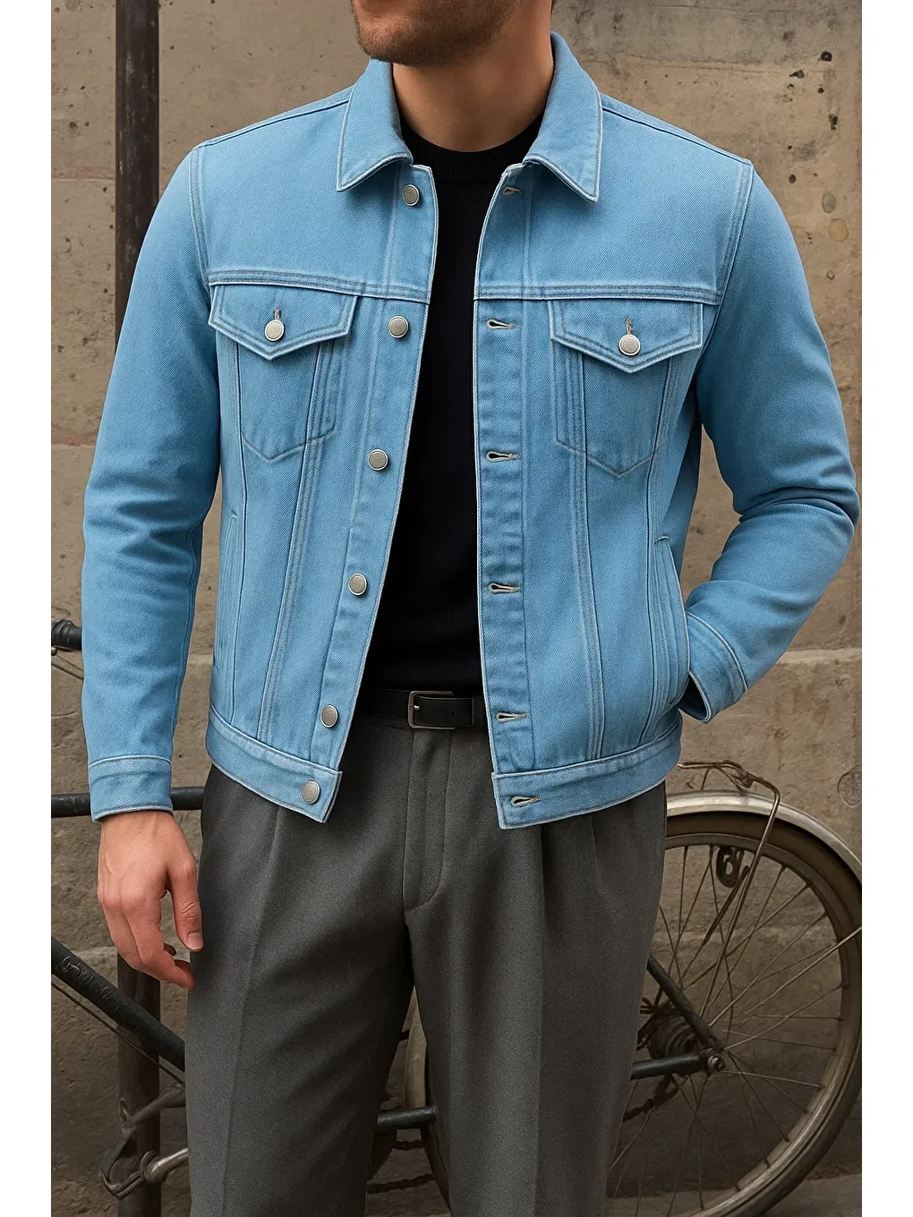 Erkek Trend Comfort Günlük Slim Fit B.Mavi Jean Ceket-1