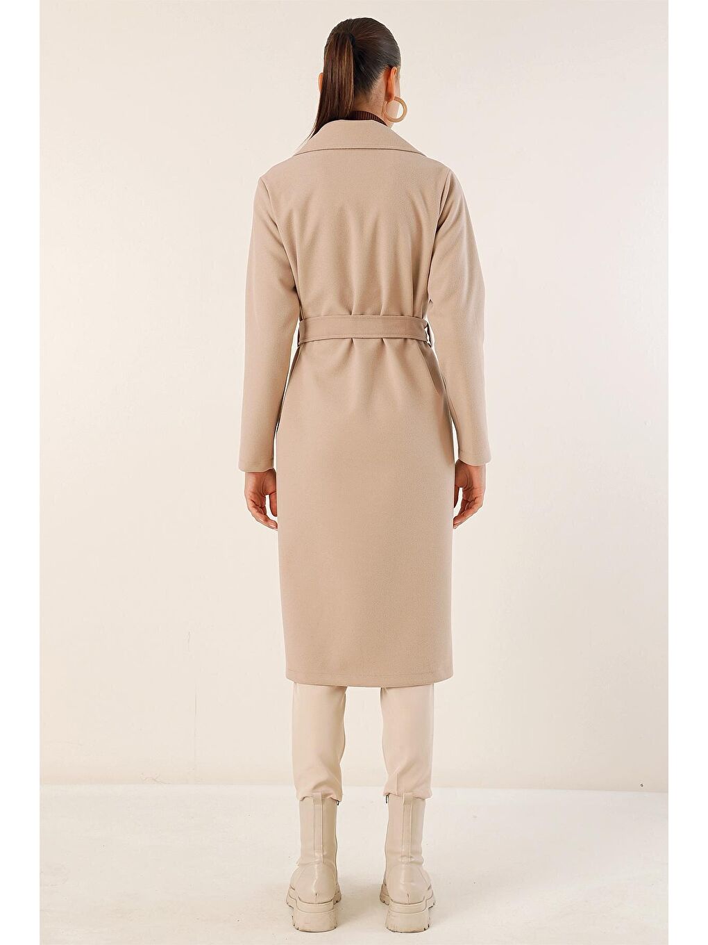 9118 Kruvaze Yaka Kaşe Kaban - Bej-5