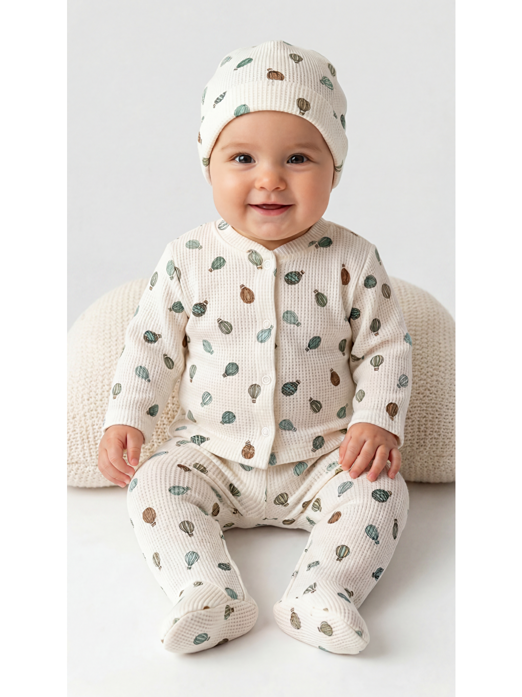 Ekru Balon Desenli 3'Lü Kız Bebek Yenidoğan Takımı-2