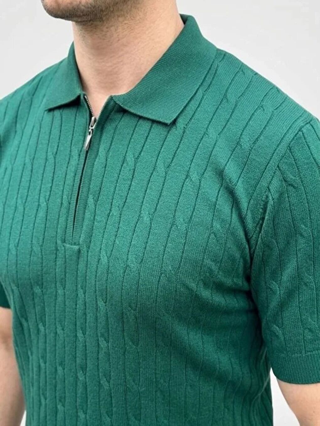 Haki Erkek Yazlık Triko Saç Örgü Tişört