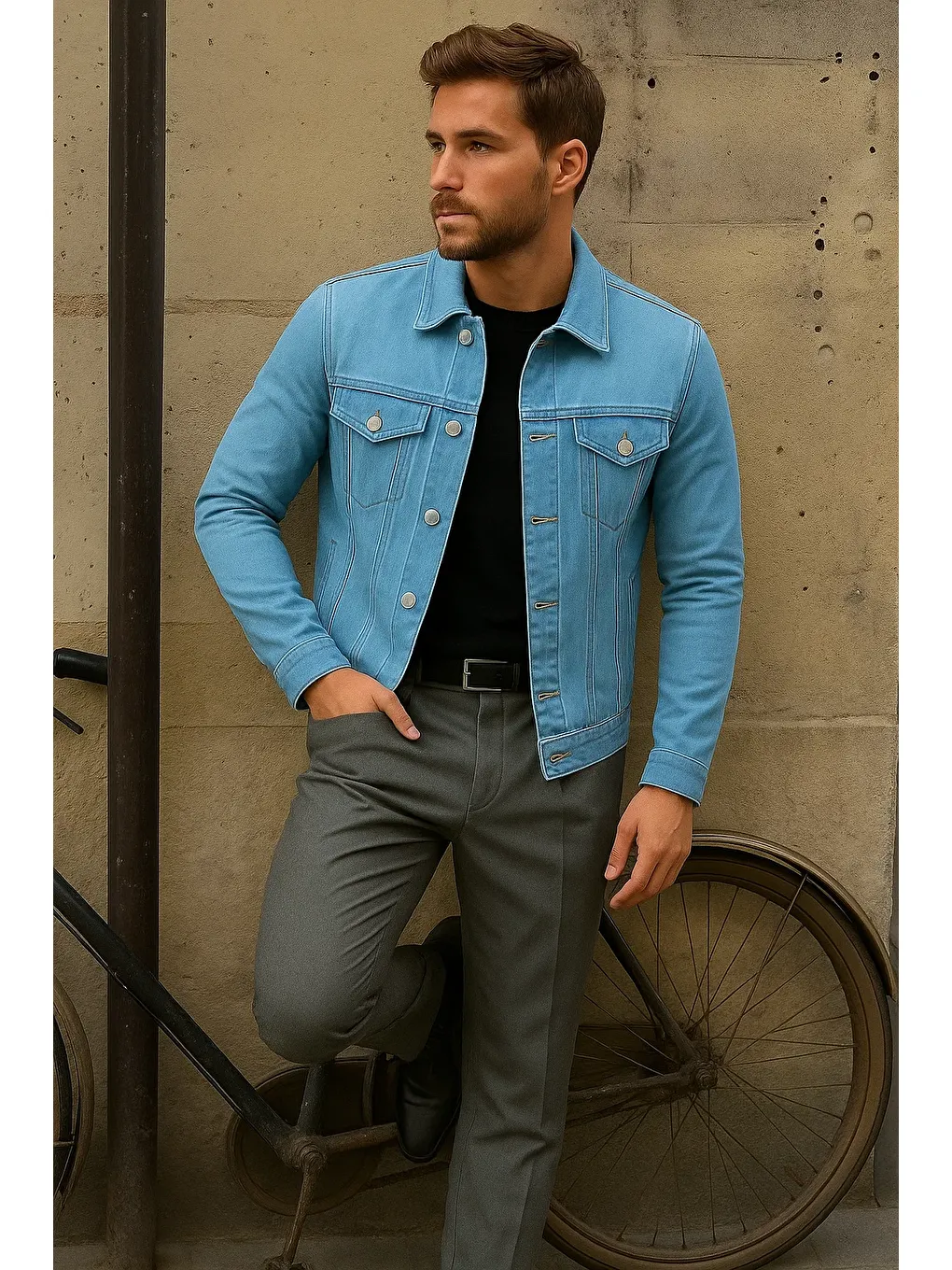 Erkek Trend Comfort Günlük Slim Fit B.Mavi Jean Ceket-2