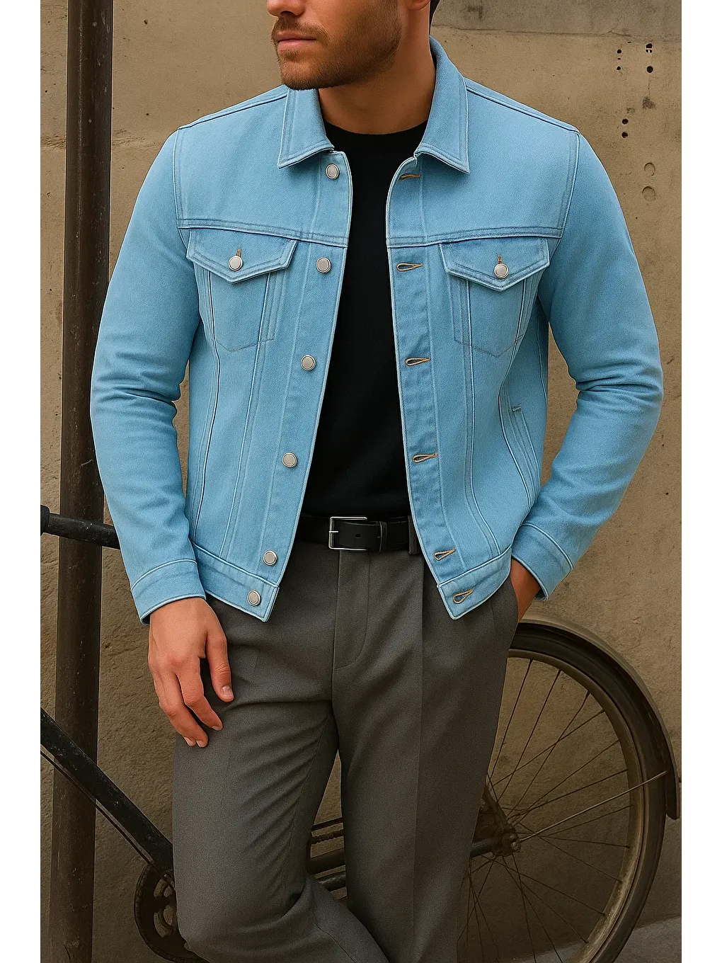 Erkek Trend Comfort Günlük Slim Fit B.Mavi Jean Ceket-3