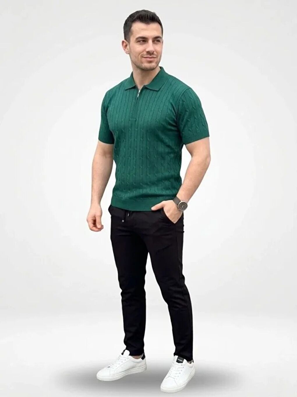 Haki Erkek Yazlık Triko Saç Örgü Tişört-2