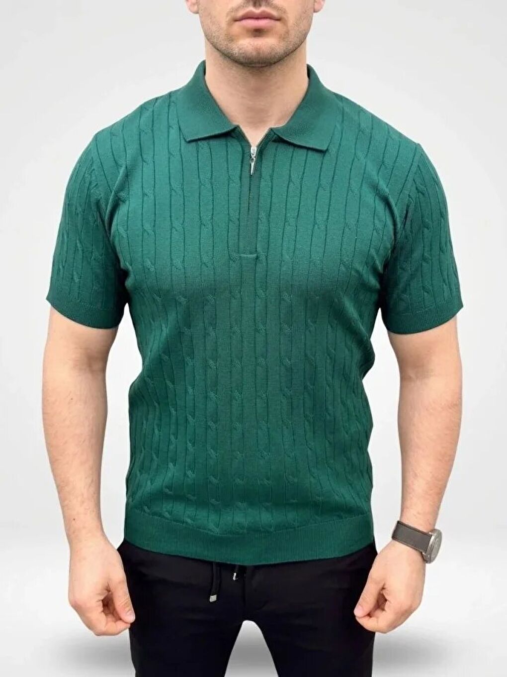 Haki Erkek Yazlık Triko Saç Örgü Tişört-3