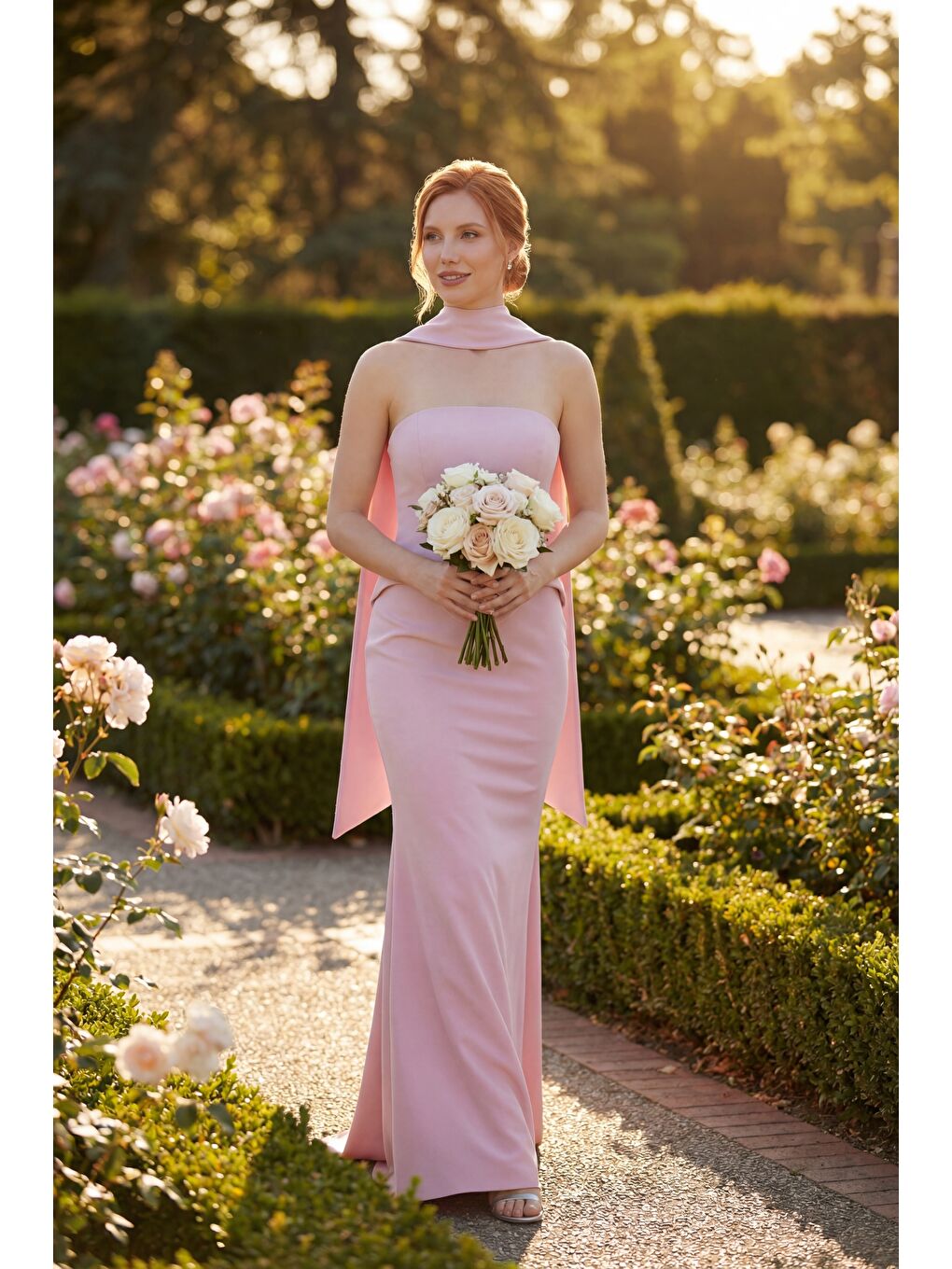 Pembe Kadın Pudra Dar Kalıp Şal Yaka Uzun Balık Abiye Elbise-4