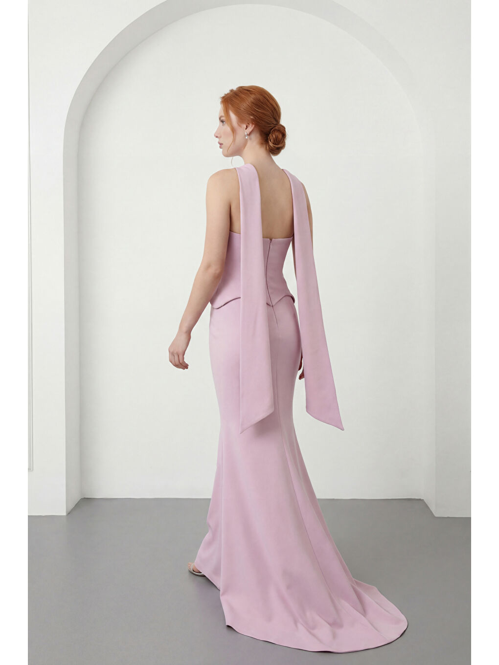 Pembe Kadın Pudra Dar Kalıp Şal Yaka Uzun Balık Abiye Elbise-5