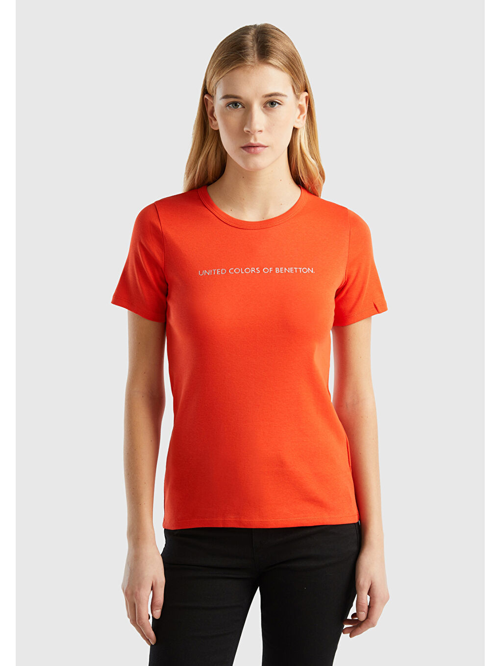 United Colors Of Benetton Kadın Kırmızı  100 Pamuk Benetton Yazılı Basic T Shirt