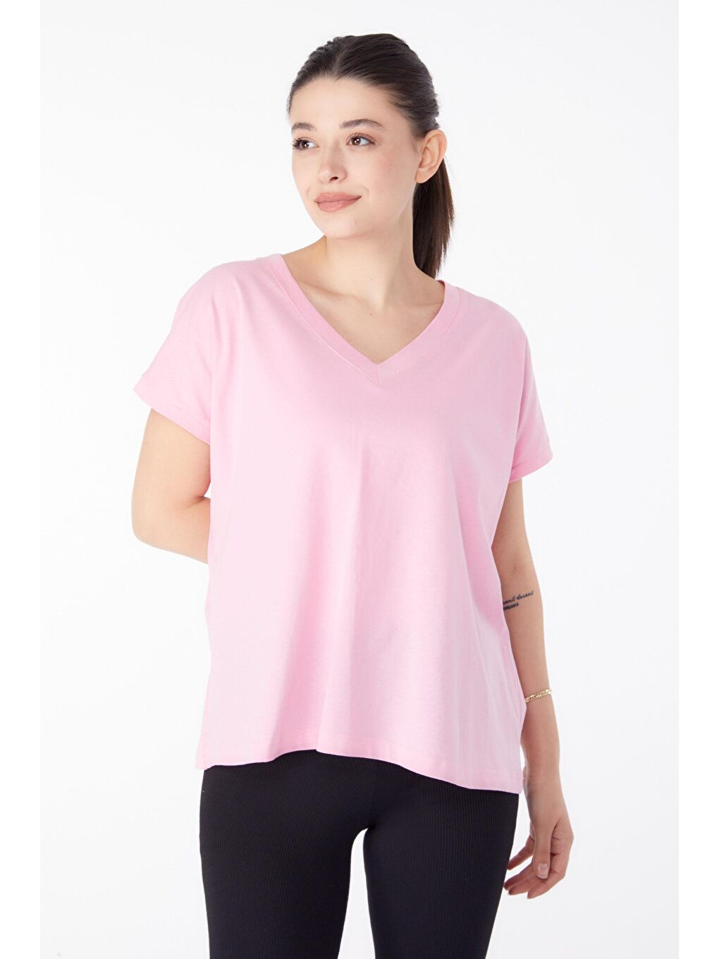 TOFİSA Pembe Düz Orta Kadın Pembe V Yaka T-Shirt - 25397