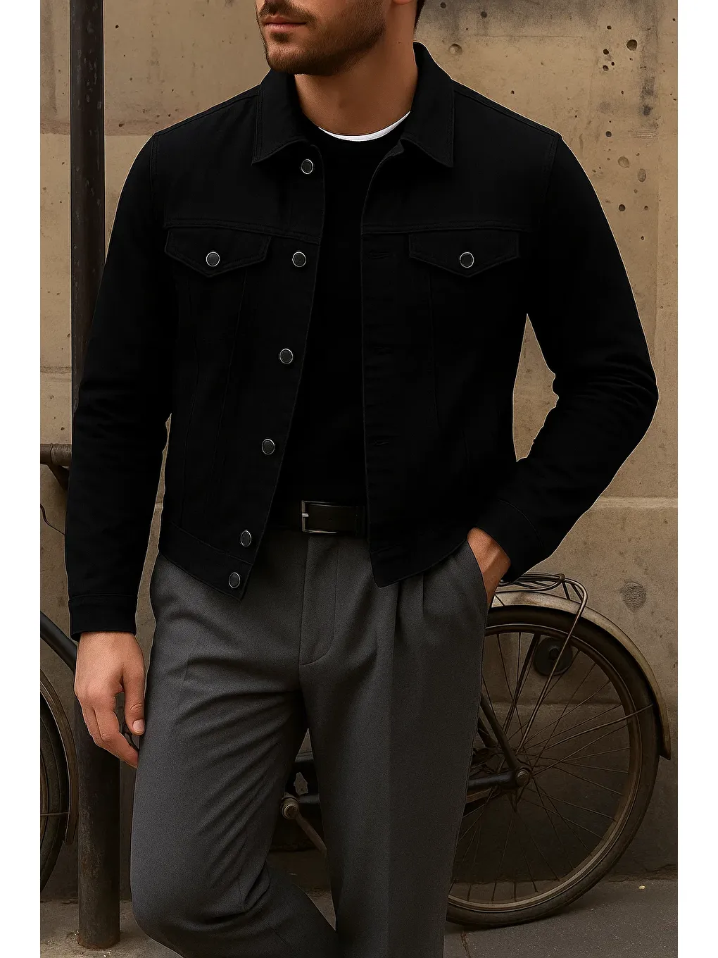 Erkek Trend Comfort Günlük Slim Fit Siyah Jean Ceket-2