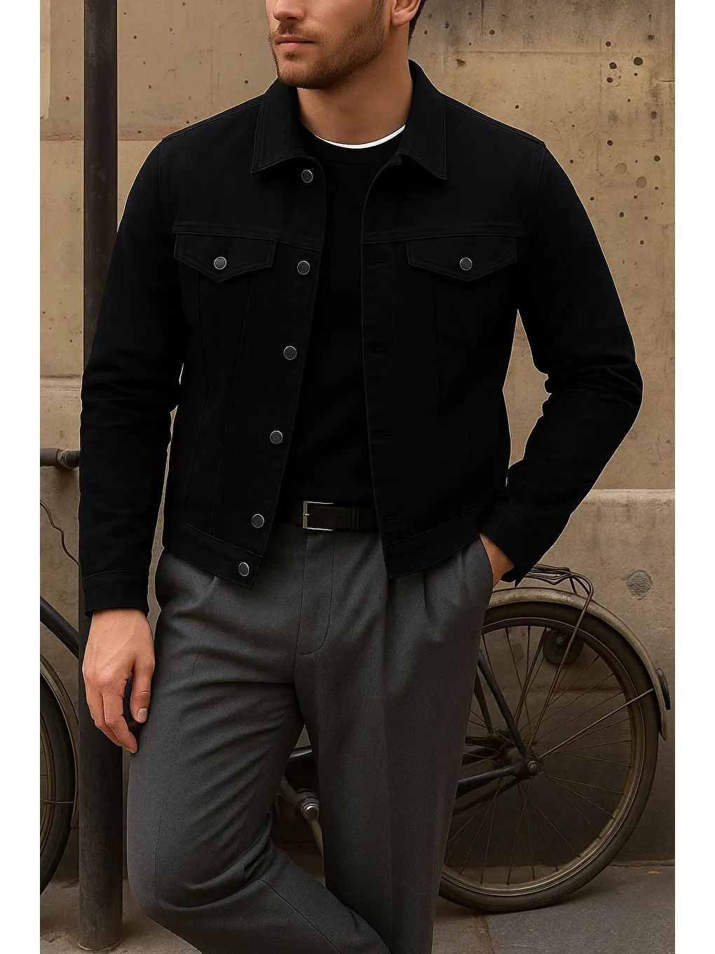 Erkek Trend Comfort Günlük Slim Fit Siyah Jean Ceket-3