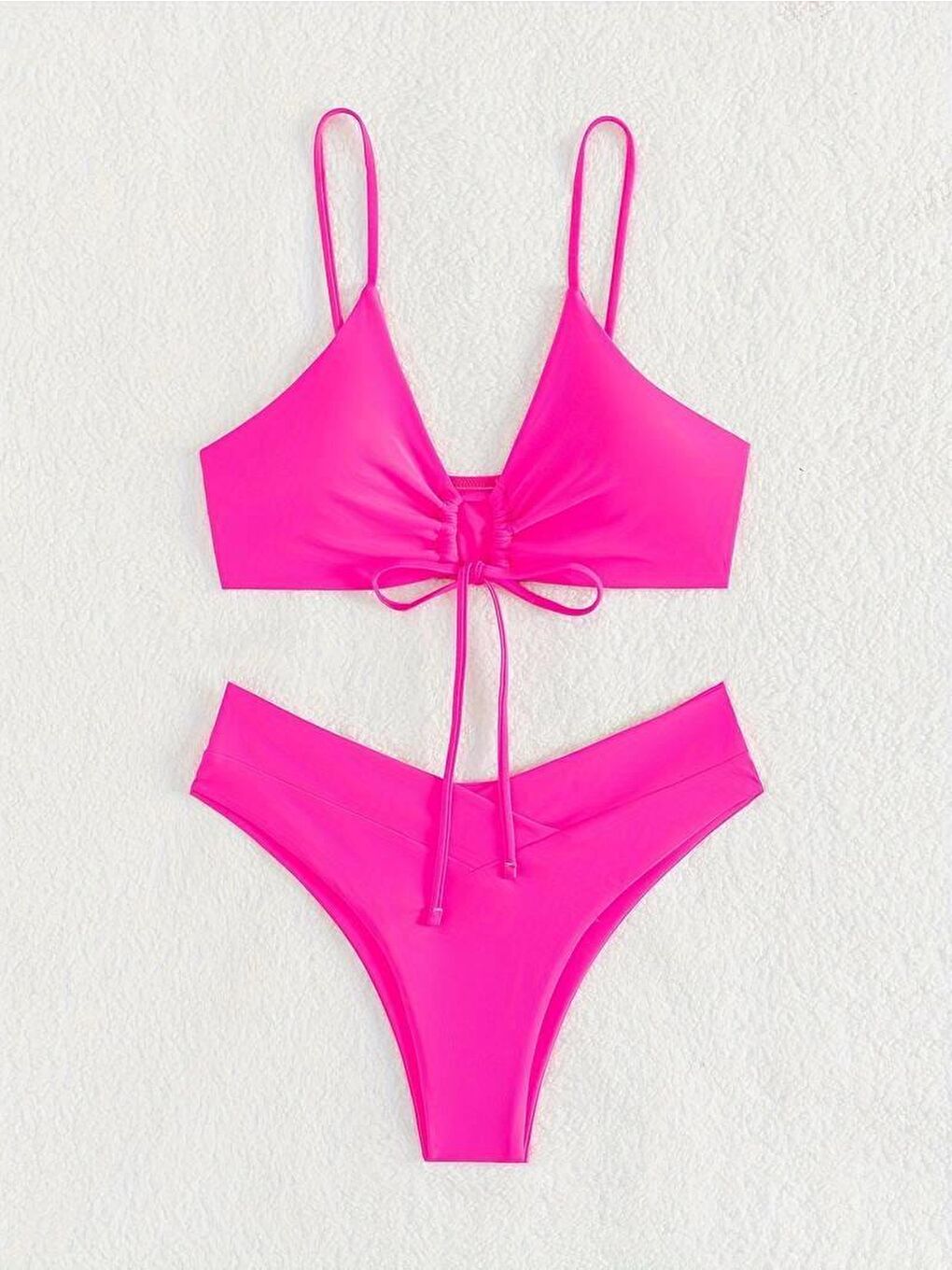 hazelin Pembe Kadın Neon Pembe İp Detaylı Astarlı V Kesim Üçgen Bikini Takım HZL24S-LC2234 - 2