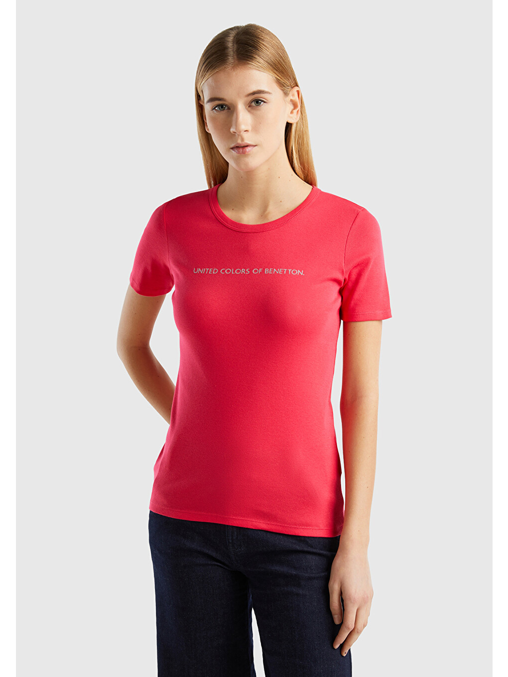 Kadın Koyu Pembe 100 Pamuk Benetton Yazılı Basic T Shirt