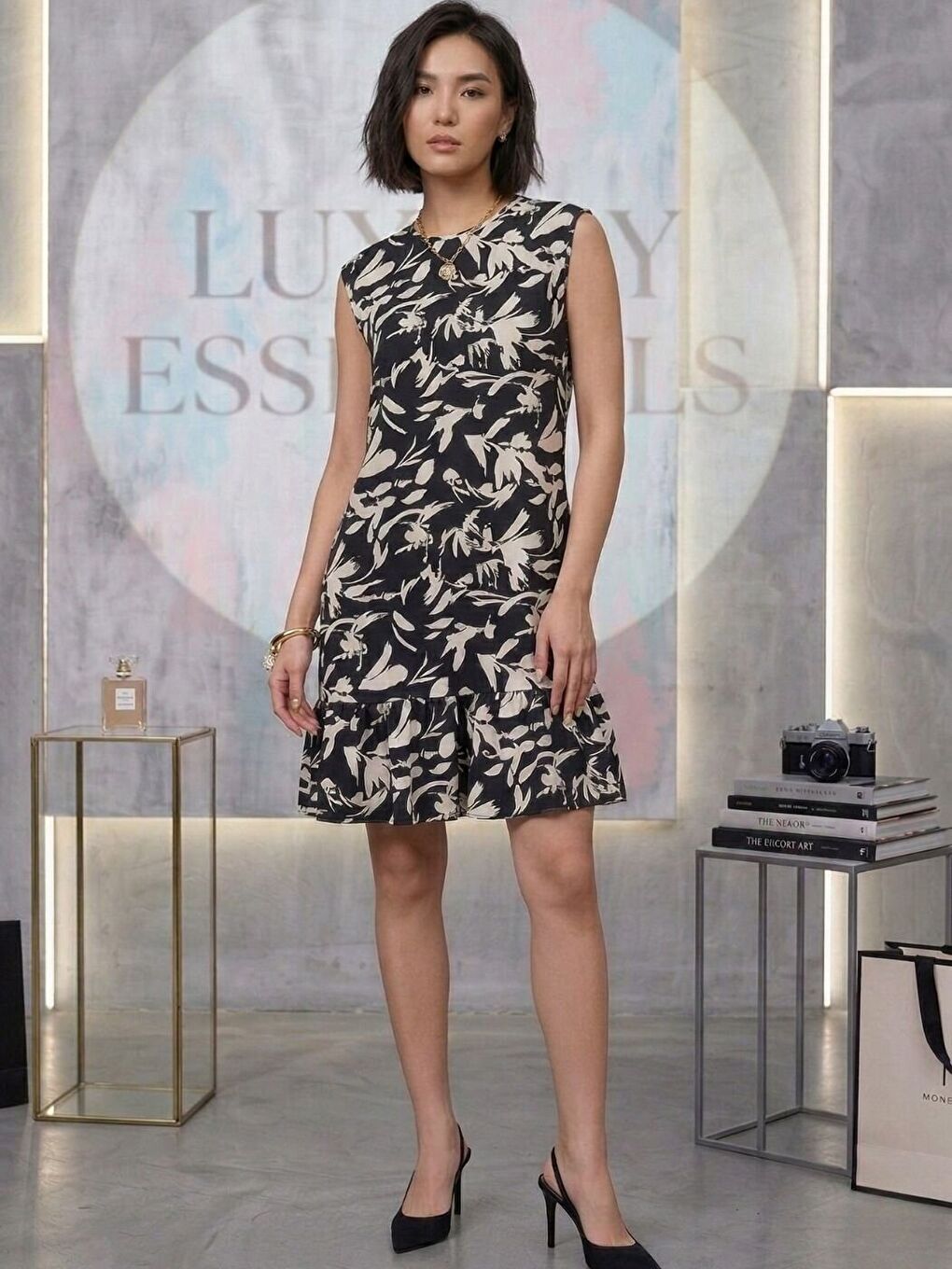 Kadın Siyah Beyaz Desen Kolsuz Mini Krinkıl New Elbise