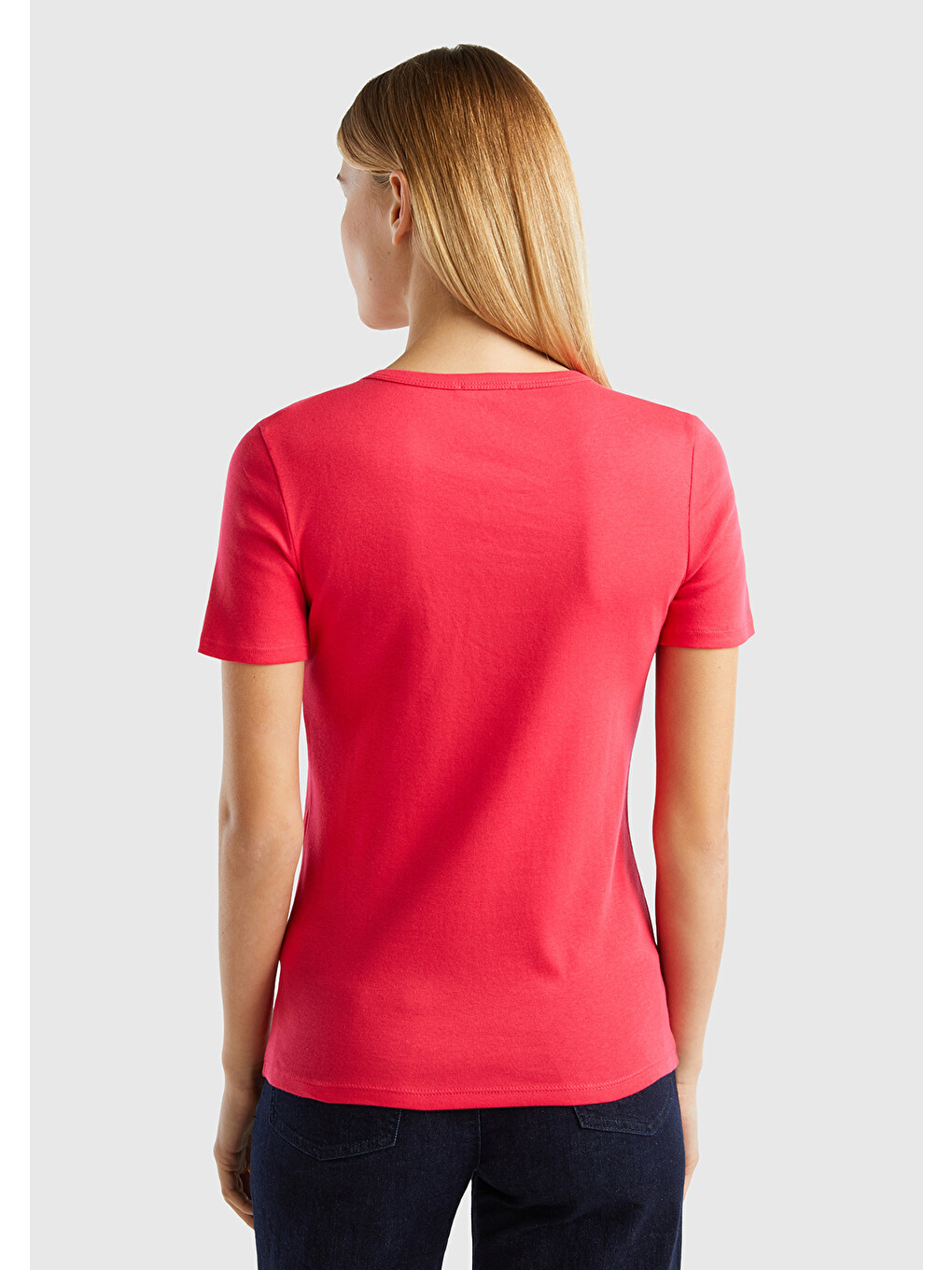Kadın Koyu Pembe 100 Pamuk Benetton Yazılı Basic T Shirt-2