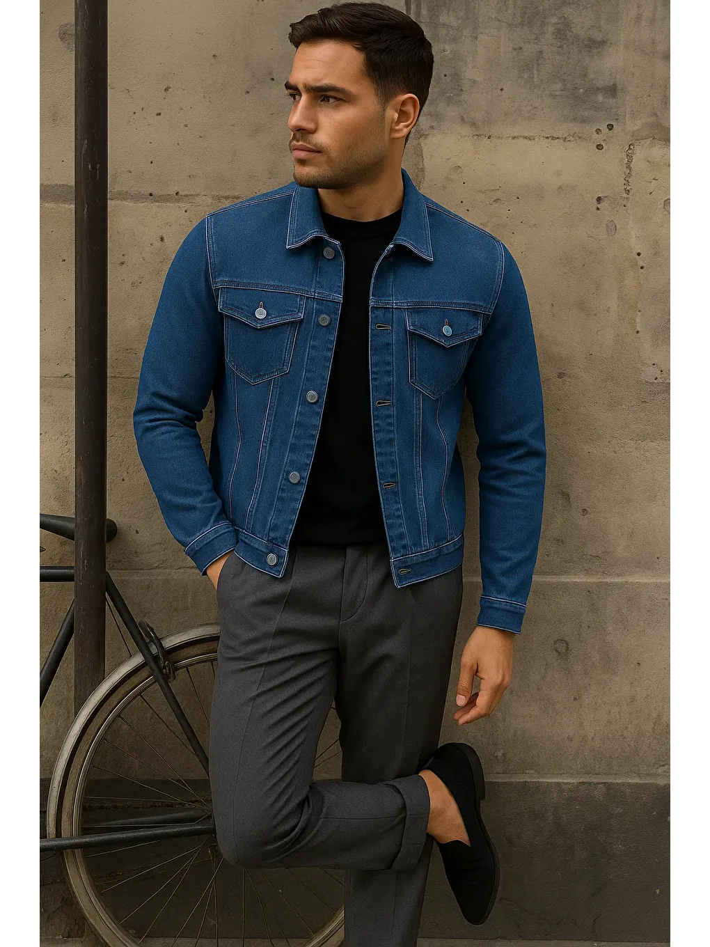 Erkek Trend Comfort Günlük Slim Fit K.Mavi Jean Ceket-3