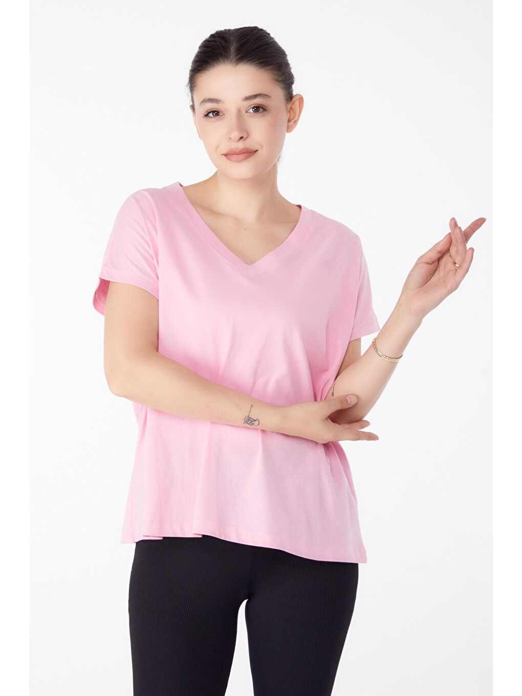 TOFİSA Pembe Düz Orta Kadın Pembe V Yaka T-Shirt - 25397 - 1