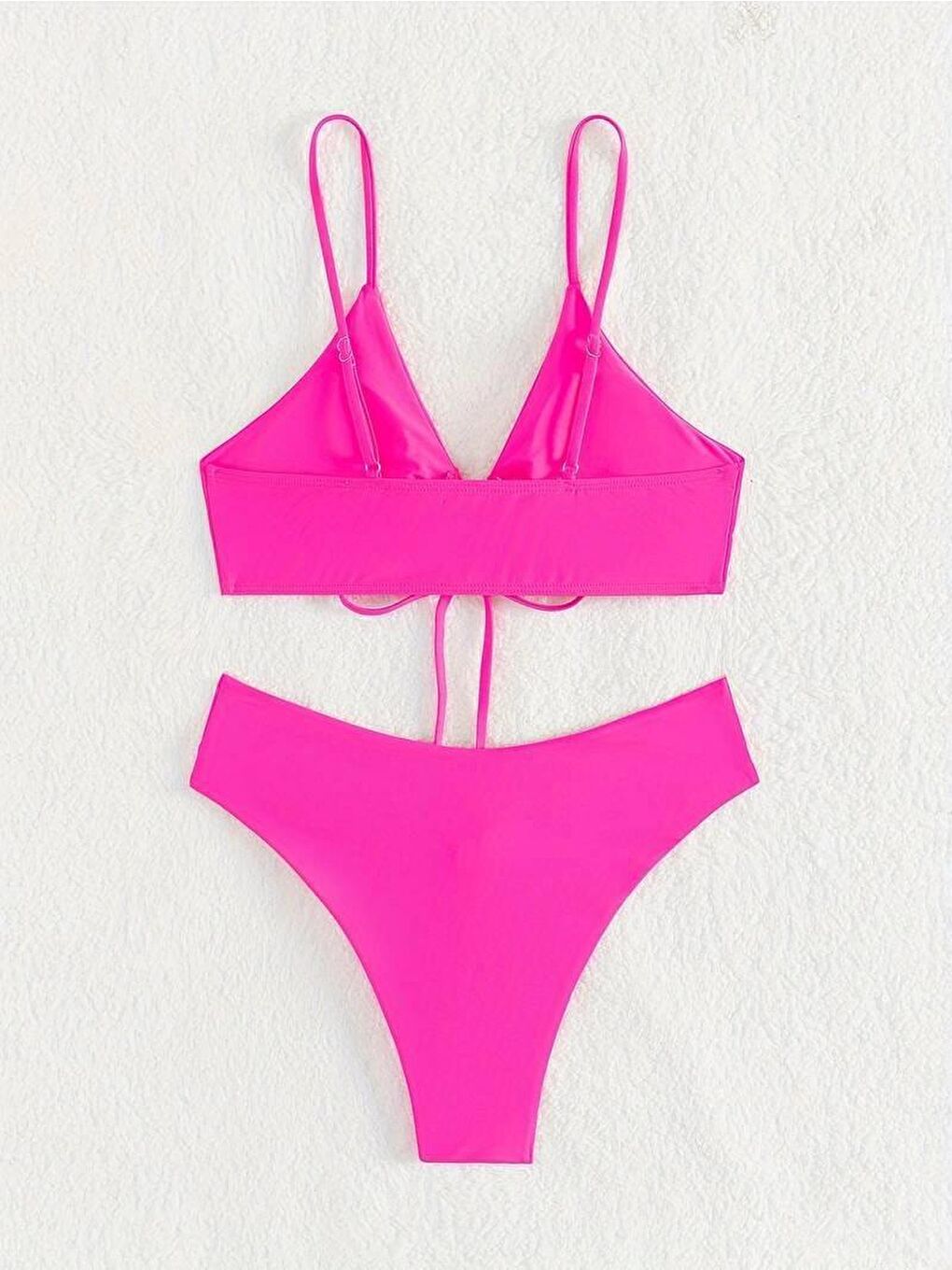 hazelin Pembe Kadın Neon Pembe İp Detaylı Astarlı V Kesim Üçgen Bikini Takım HZL24S-LC2234 - 4