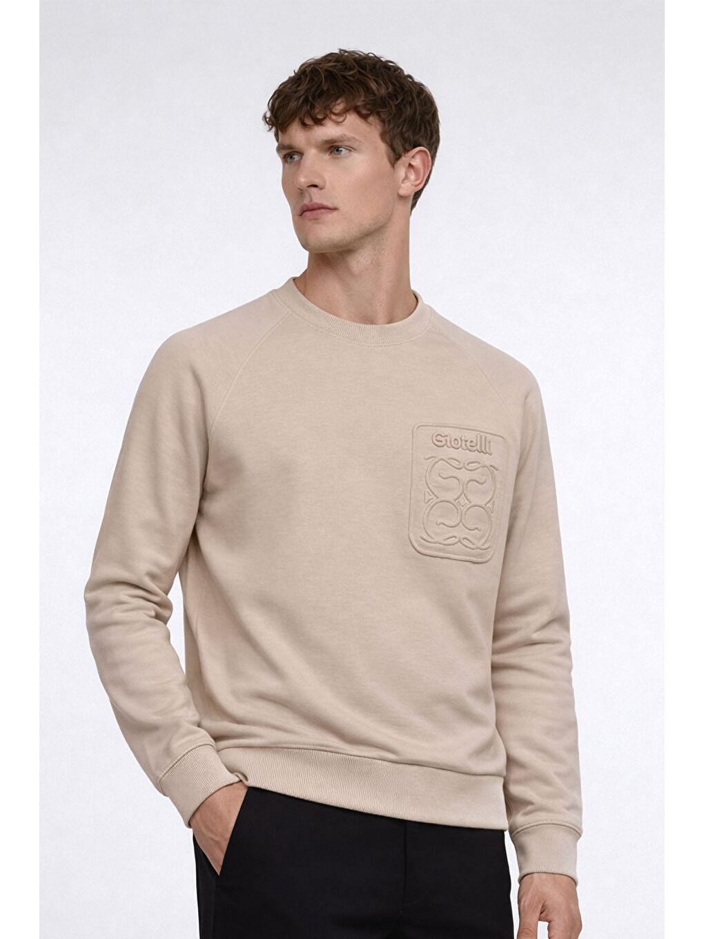 Giotelli Erkek Ekru Normal Kesim Regular Fit %100 Pamuk Örme Bisiklet Yaka Sweatshirt-2