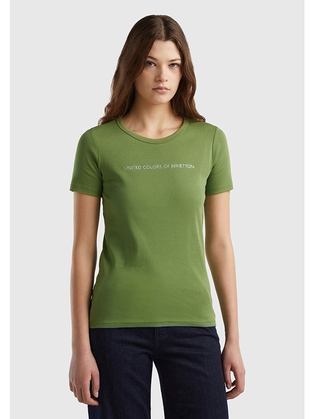 United Colors Of Benetton Kadın Soluk Yeşil  100 Pamuk Benetton Yazılı Basic T Shirt